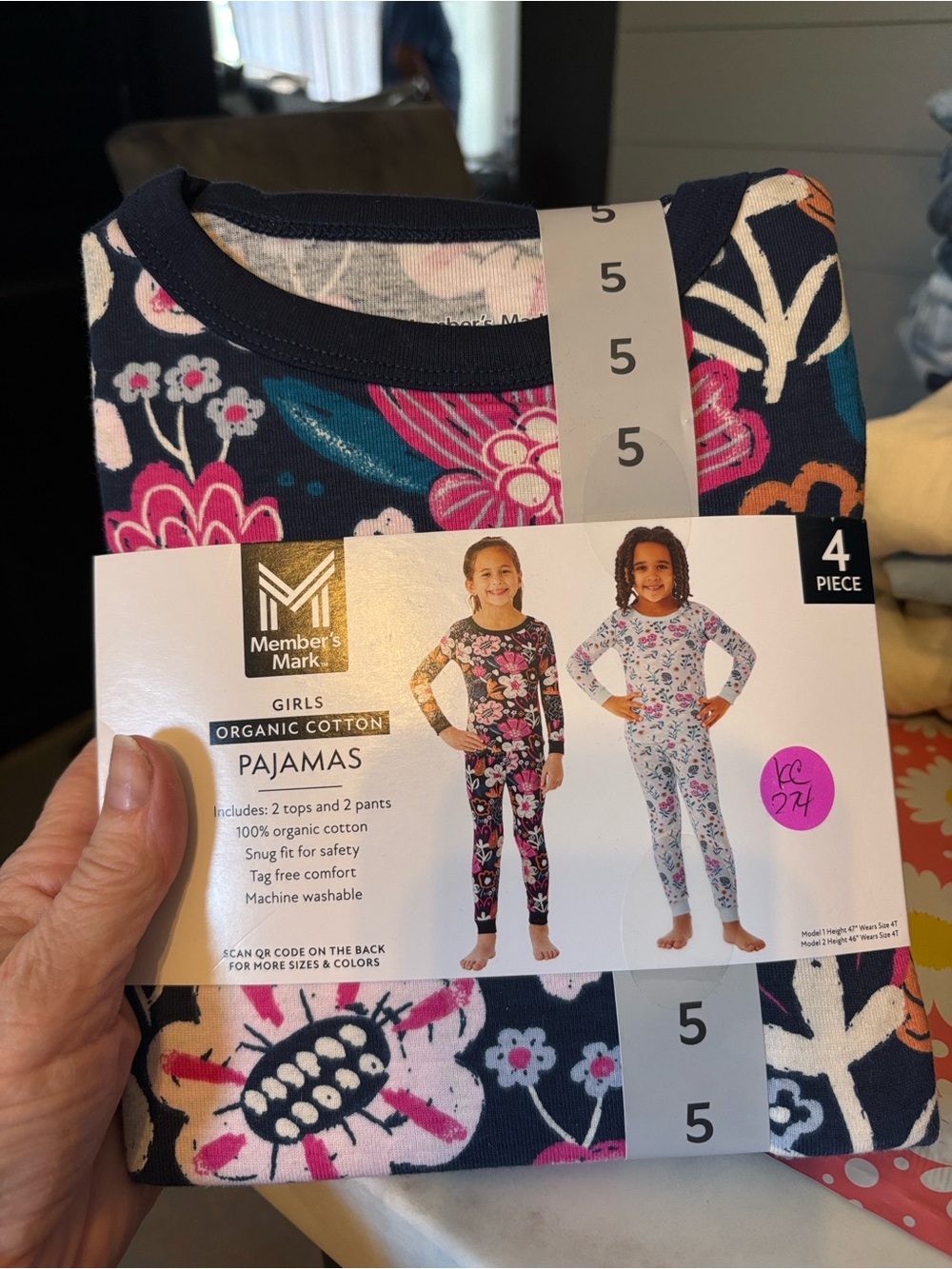 Member's Mark Girls' Navy Floral Organic Cotton Pajama Set - 4 Piece